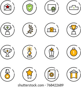 line vector icon set - star letter vector, shield check, certificate, pedestal, cup, golden branch, win, gold, award, medal, pennant