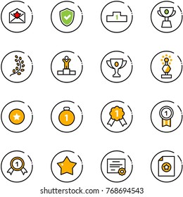 line vector icon set - star letter vector, shield check, pedestal, cup, golden branch, winner, gold, award, medal, certificate
