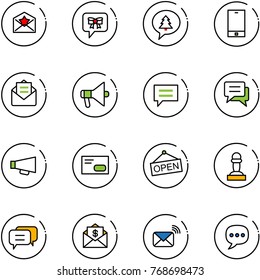 line vector icon set - star letter vector, bow message, merry christmas, phone, opened mail, loudspeaker, chat, envelope, open, pawn, dialog, dollar, wireless