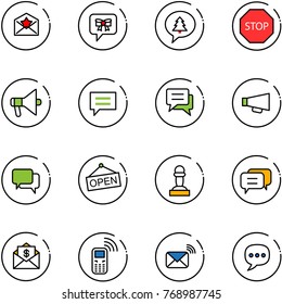 line vector icon set - star letter vector, bow message, merry christmas, stop road sign, loudspeaker, chat, dialog, open, pawn, mail dollar, mobile phone, wireless