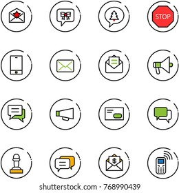 line vector icon set - star letter vector, bow message, merry christmas, stop road sign, phone, mail, opened, loudspeaker, chat, envelope, dialog, pawn, dollar, mobile