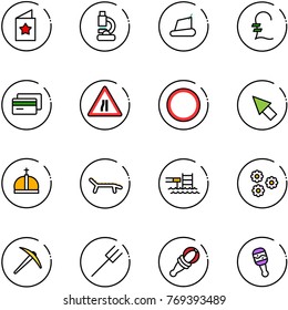 line vector icon set - star postcard vector, lab, treadmill, pound, credit card, Road narrows sign, prohibition, cursor, crown, lounger, pool, flower, axe, farm fork, beanbag