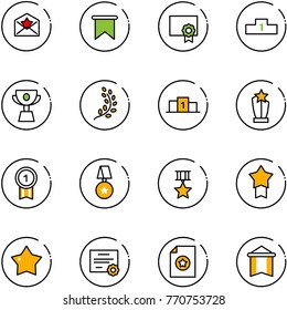 line vector icon set - star letter vector, flag, certificate, pedestal, cup, golden branch, award, gold medal, pennant
