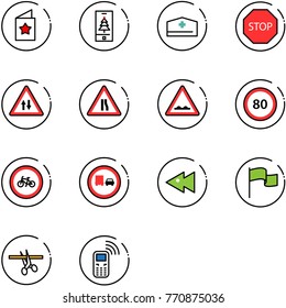 line vector icon set - star postcard vector, christmas mobile, doctor hat, stop road sign, oncoming traffic, narrows, rough, speed limit 80, no bike, truck overtake, fast backward, flag, opening