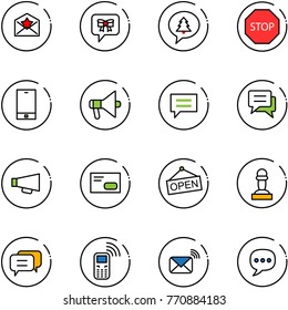 line vector icon set - star letter vector, bow message, merry christmas, stop road sign, phone, loudspeaker, chat, envelope, open, pawn, dialog, mobile, wireless mail