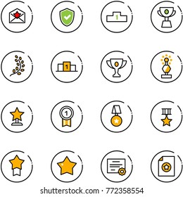 line vector icon set - star letter vector, shield check, pedestal, cup, golden branch, gold, award, medal, certificate