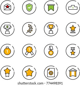 line vector icon set - star letter vector, shield check, flag, pedestal, cup, golden branch, win, award, gold medal, certificate, pennant
