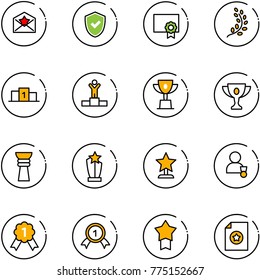 line vector icon set - star letter vector, shield check, certificate, golden branch, pedestal, winner, win cup, gold, award, medal