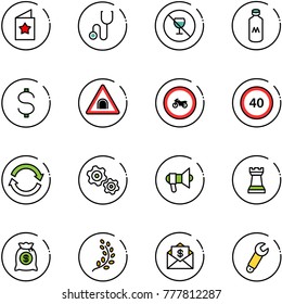 line vector icon set - star postcard vector, stethoscope, no alcohol sign, milk, dollar, tunnel road, moto, speed limit 40, refresh, gears, megaphone, chess tower, money bag, golden branch, mail