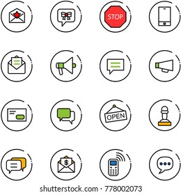 line vector icon set - star letter vector, bow message, stop road sign, phone, opened mail, loudspeaker, chat, envelope, dialog, open, pawn, dollar, mobile