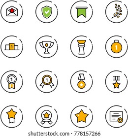 line vector icon set - star letter vector, shield check, flag, golden branch, pedestal, gold cup, award, medal, certificate