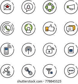 line vector icon set - star letter vector, merry christmas message, friends, loudspeaker, phone horn, man globe, finger up, dialog, mobile, antenna, wireless lock, sim, satellite, link, no signal