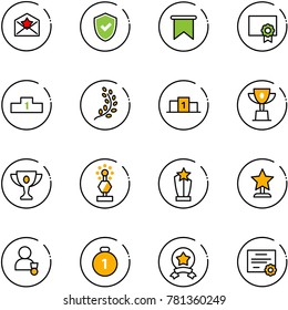 line vector icon set - star letter vector, shield check, flag, certificate, pedestal, golden branch, win cup, gold, award, winner, medal