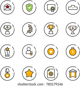 line vector icon set - star letter vector, shield check, certificate, pedestal, cup, golden branch, win, gold, award, winner, medal, pennant