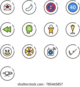 line vector icon set - star letter vector, eggplant, no parkin odd, minimal speed limit road sign, fast backward, brain work, success, pennant, money smile, parasol, wireless speaker, scythe