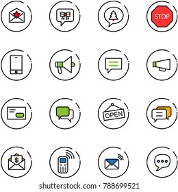 line vector icon set - star letter vector, bow message, merry christmas, stop road sign, phone, loudspeaker, chat, envelope, dialog, open, mail dollar, mobile, wireless