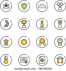 line vector icon set - star letter vector, shield check, pedestal, cup, golden branch, win, award, medal, gold, certificate, pennant