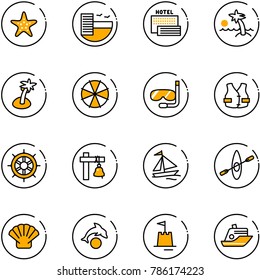 line vector icon set - starfish vector, hotel, sea, palm, parasol, diving, life vest, hand wheel, ship bell, sail boat, kayak, shell, dolphin, sand castle, cruiser