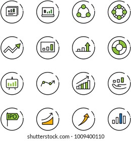 line vector icon set - statistics report vector, account, social, friends, growth arrow, circle chart, presentation, point, ipo, rise