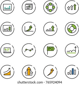 line vector icon set - statistics vector, report, friends, arrows up, growth arrow, circle chart, monitor, point, ipo, rise