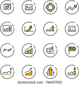 line vector icon set - statistics report vector, account, friends, growth arrow, monitor, chart point, ipo, rise, arrows up, dollar
