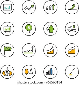 line vector icon set - statistics vector, growth arrow, arrows up, presentation chart, money tree, ipo, rise, dollar, forest, hoe