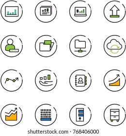 line vector icon set - statistics vector, report, account, uplooad, user password, folder, network, refresh cloud, chart point arrow, growth, contact book, rise, binary code, server, tool cabinet