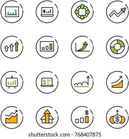 line vector icon set - statistics vector, account, friends, growth arrow, arrows up, circle chart, presentation, monitor, rise, dollar