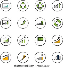 line vector icon set - statistics vector, social, friends, arrows up, growth arrow, circle chart, presentation, ipo, rise, dollar
