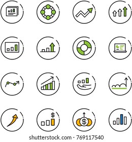 line vector icon set - statistics report vector, friends, growth arrow, arrows up, circle chart, monitor, point, dollar