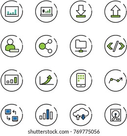 line vector icon set - statistics vector, account, download, uplooad, user password, share, network folder, tag code, growth arrow, mobile, chart point, data exchange, cloud, hdd