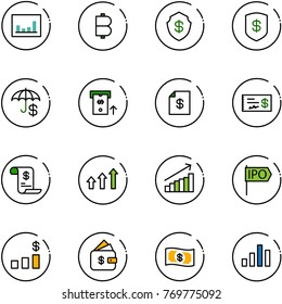 line vector icon set - statistics vector, bitcoin, safe, insurance, atm, account statement, check, history, arrows up, growth, ipo, dollar chart, finance management, money