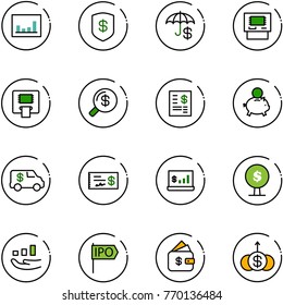 line vector icon set - statistics vector, safe, insurance, atm, money search, account statement, piggy bank, encashment car, check, tree, growth, ipo, finance management, dollar