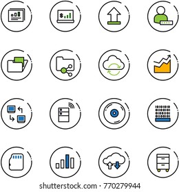 line vector icon set - statistics report vector, account, uplooad, user password, folder, shared, refresh cloud, growth, data exchange, server wireless, cd, binary code, micro flash card, chart
