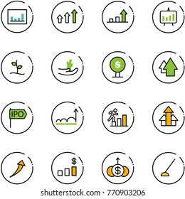 line vector icon set - statistics vector, arrows up, growth arrow, presentation chart, sproute, hand, money tree, ipo, career, dollar, hoe