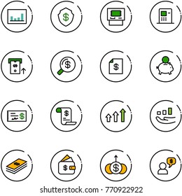 line vector icon set - statistics vector, safe, atm, money search, account statement, piggy bank, check, history, arrows up, growth, dollar, finance management, dialog