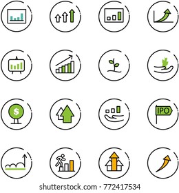 line vector icon set - statistics vector, arrows up, growth arrow, presentation chart, sproute, hand, money tree, ipo, career