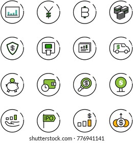 line vector icon set - statistics vector, yen, bitcoin, big cash, safe, atm, report, encashment car, piggy bank, wallet time, search money, tree, growth, ipo, dollar chart