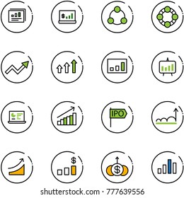 line vector icon set - statistics report vector, account, social, friends, growth arrow, arrows up, presentation chart, monitor, ipo, rise, dollar