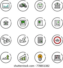 line vector icon set - statistics vector, cash, dollar smile, bank, atm, account statement, pay, calculator, tax peage road sign, growth arrow, business idea, abacus