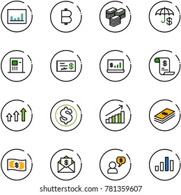 line vector icon set - statistics vector, bitcoin, big cash, insurance, atm, check, account, history, arrows up, dollar, growth, money, mail, dialog, chart