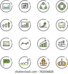line vector icon set - statistics vector, report, social, friends, arrows up, growth arrow, presentation chart, monitor, point, ipo, dollar