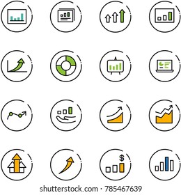 line vector icon set - statistics vector, report, arrows up, growth arrow, circle chart, presentation, monitor, point, rise, dollar