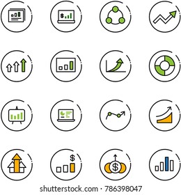 line vector icon set - statistics report vector, account, social, growth arrow, arrows up, circle chart, presentation, monitor, point, rise, dollar