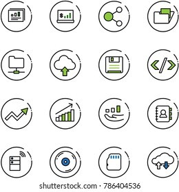 line vector icon set - statistics report vector, account, share, folder, network, upload cloud, save, tag code, growth arrow, contact book, server wireless, cd, micro flash card, exchange data