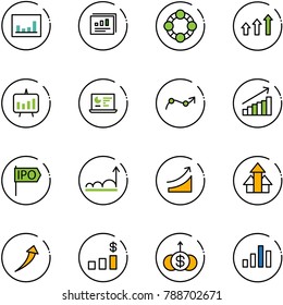 line vector icon set - statistics vector, report, friends, arrows up, presentation chart, monitor, point arrow, growth, ipo, rise, dollar