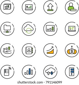 line vector icon set - statistics report vector, account, uplooad, user password, network folder, refresh cloud, monitor, growth, contact book, rise, dollar, server wireless, chart, exchange data
