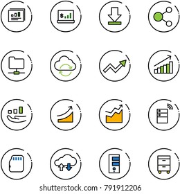line vector icon set - statistics report vector, account, download, share, network folder, refresh cloud, growth arrow, rise, server wireless, micro flash card, exchange data, tool cabinet