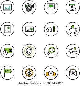 line vector icon set - statistics vector, big cash, atm, account statement, check, arrows up, piggy bank, wallet time, dollar, search money, growth, ipo, mail
