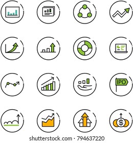 line vector icon set - statistics vector, report, social, growth arrow, circle chart, monitor, point, ipo, arrows up, dollar